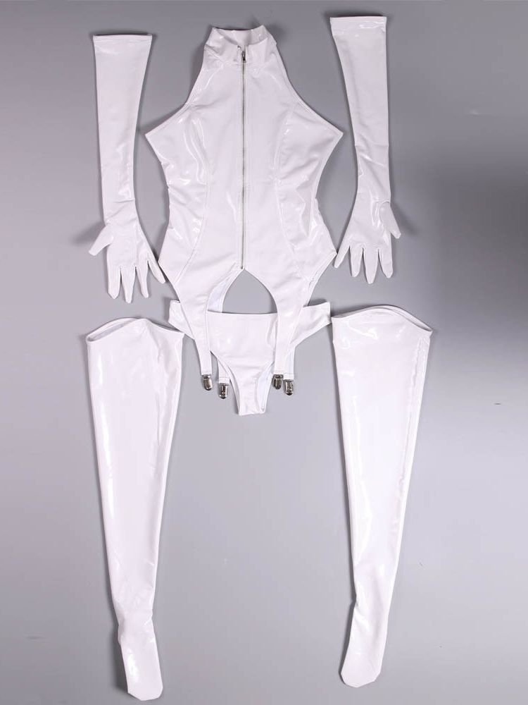 4PCS/SET Wet Look PVC Catsuit  - Garter Belt Set ulasan dan harga