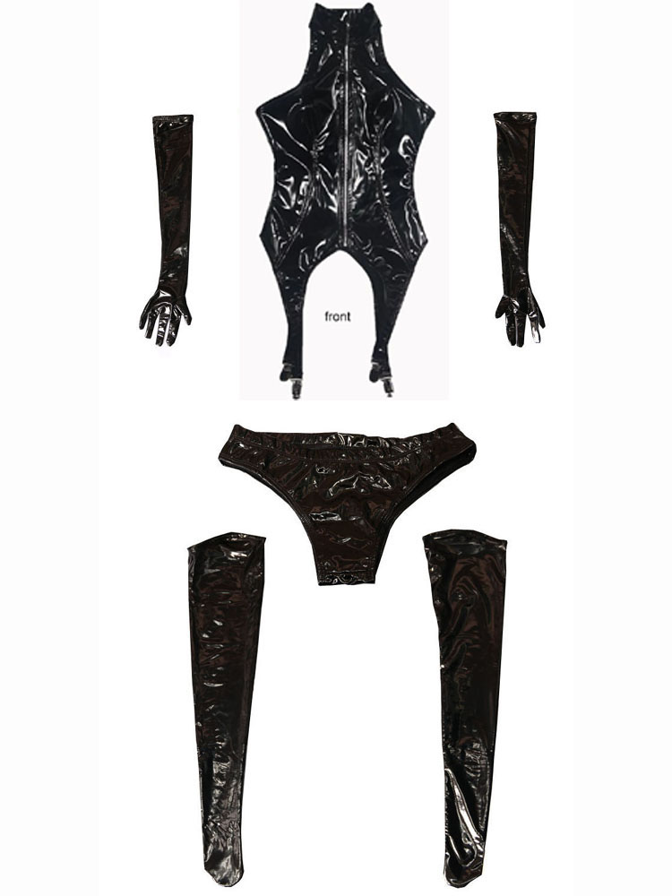 4PCS/SET Wet Look PVC Catsuit  - Garter Belt Set ulasan dan harga