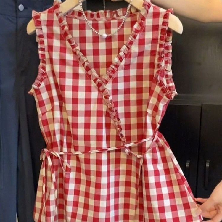 Retro Red Plaid Sleeveless Ves - Corset Waist Cinch ulasan dan harga